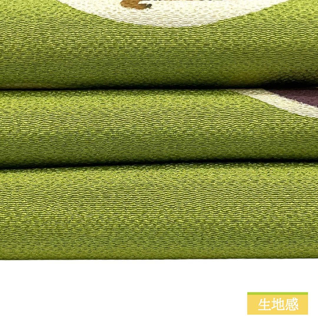 Nagoya obi, genuine silk, Rank A, Nagoya tailoring, koenshoku (light greenish yellow) with katazome, classic patterns, circular classic pattern, obi length 342cm, point pattern, casual, green tones, 1124011933319