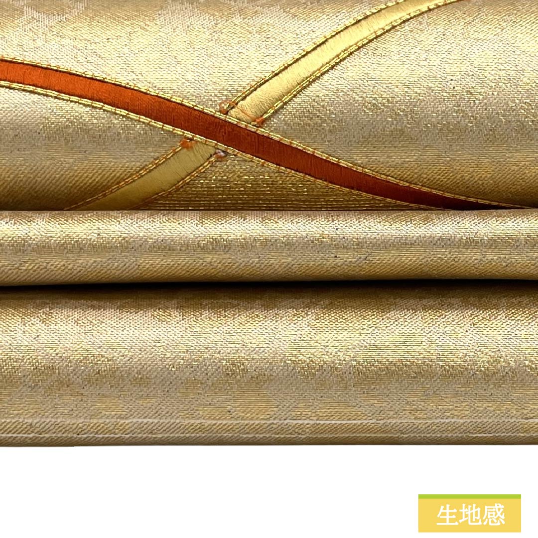 名古屋帯 正絹 Aランク 名古屋仕立て 金色(きんいろ) 古典柄 紐 ライン 帯丈355cm ポイント柄 セミフォーマル 金系 1124012723321