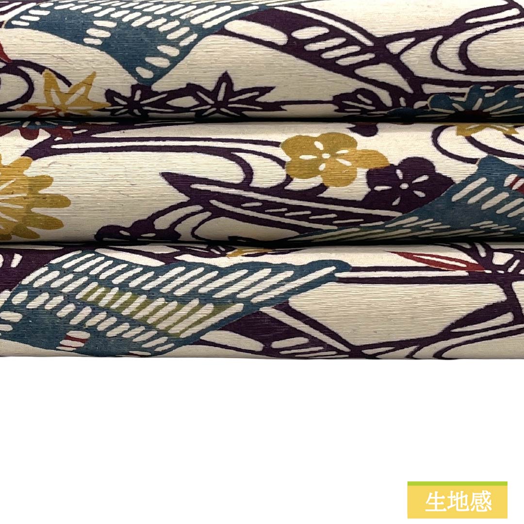 Nagoya obi, genuine silk, Rank A, Nagoya tailoring, Futarishizuka-iro (muted purple), stencil-dyed, Bingata style, plant-dyed, obi length 346cm, Rokutsu (design on six panels), casual, purple family, 1124011793320