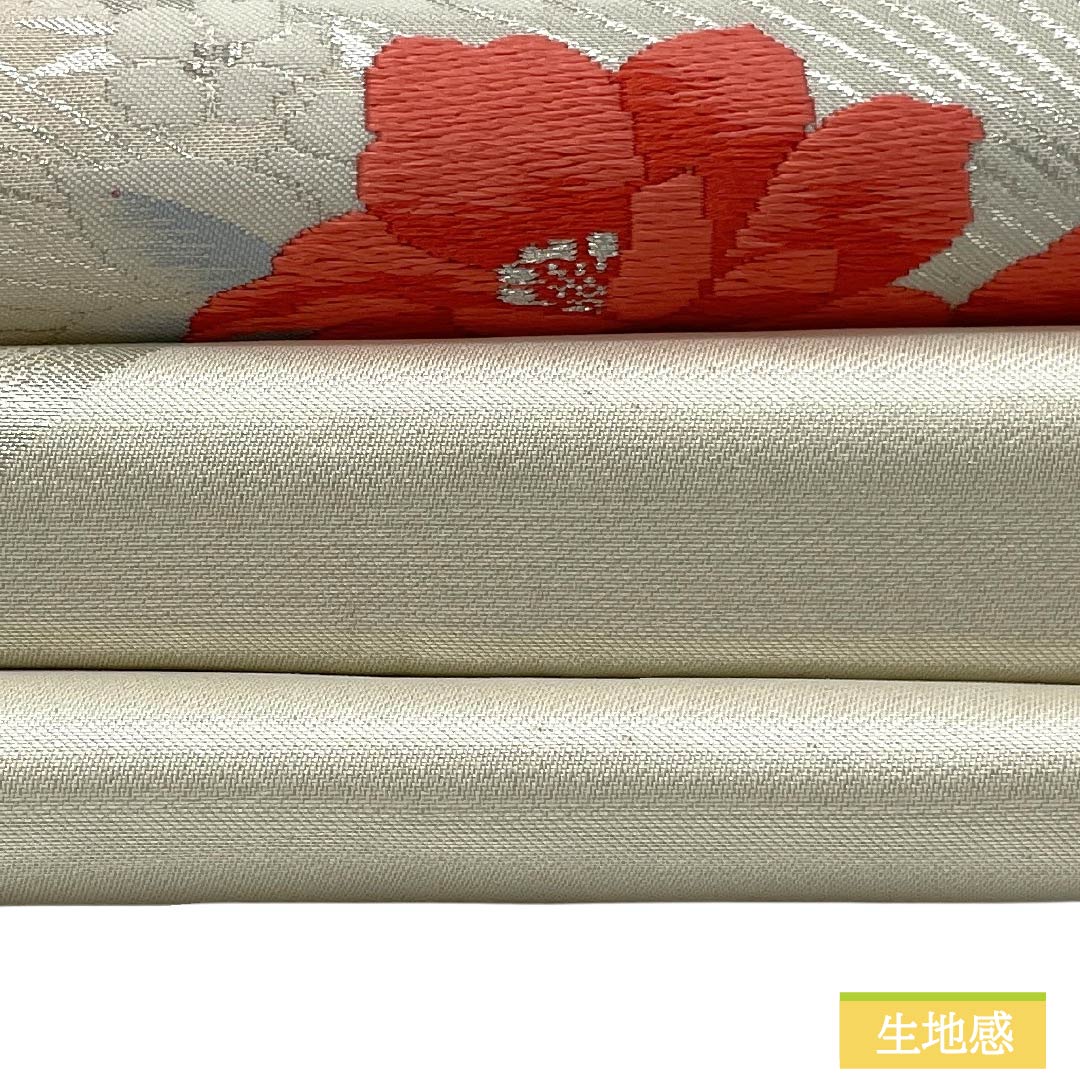 名古屋帯 正絹 Aランク 名古屋仕立て 胡粉色(ごふんいろ) 草花模様 帯丈347cm ポイント柄 セミフォーマル 白系 1124012283311