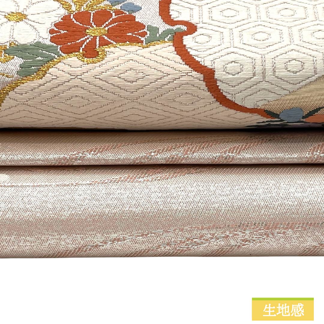 名古屋帯 正絹 Aランク 名古屋仕立て 薄桜色(うすさくらいろ) 古典柄 雪輪 花 帯丈356cm ポイント柄 セミフォーマル ピンク系 1124012523313