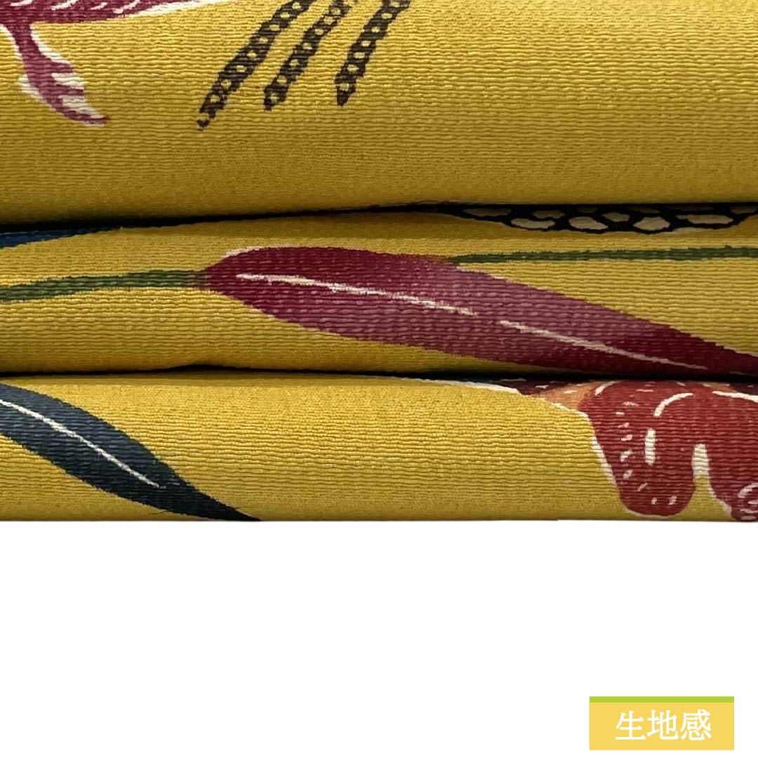 Nagoya obi, genuine silk, Rank A, Nagoya tailoring, deep saffron yellow, Kyo-bingata (Bingata style), bird, obi length 378cm, all-over pattern, casual, yellow tones, 1124011913323