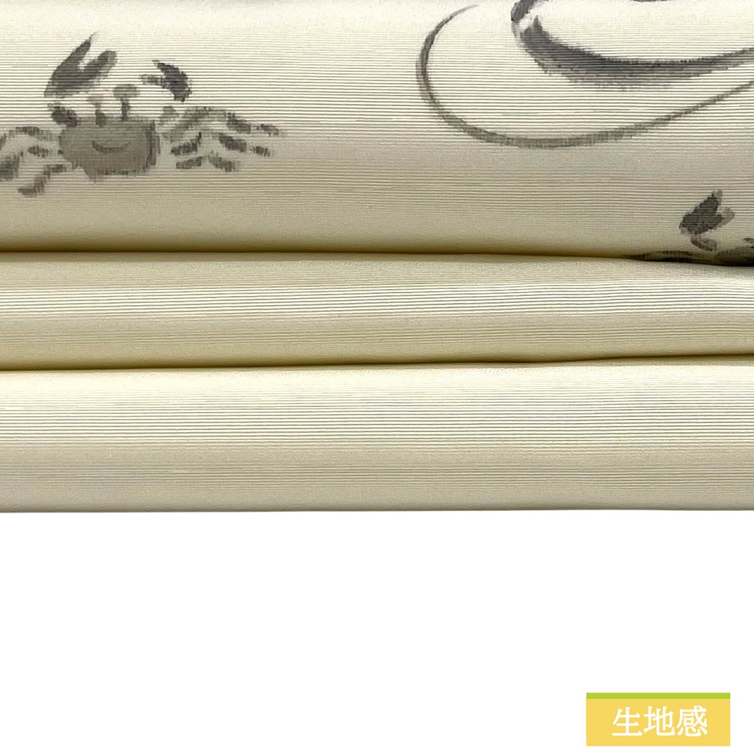名古屋帯 正絹 Aランク 名古屋仕立て 乳白色(にゅうはくしょく) 塩瀬 流水 カニ 帯丈381cm ポイント柄 カジュアル 白系 1124012613411