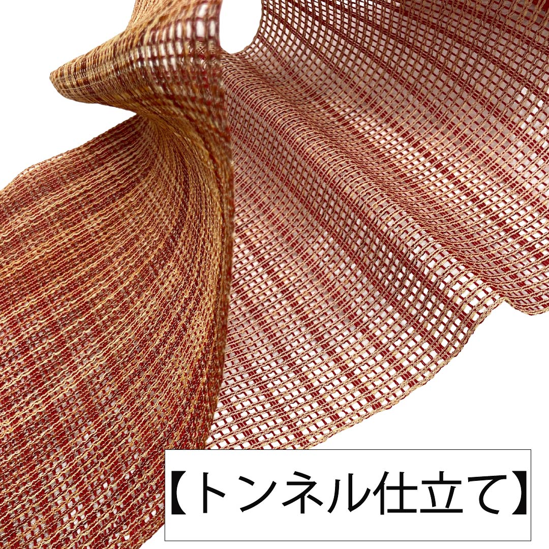 名古屋帯 正絹 Sランク 松葉仕立て 赤紅色(あかべにいろ) 夏帯 縞 トンネル仕立て 帯丈376cm 全通 カジュアル 赤系 1124012862312
