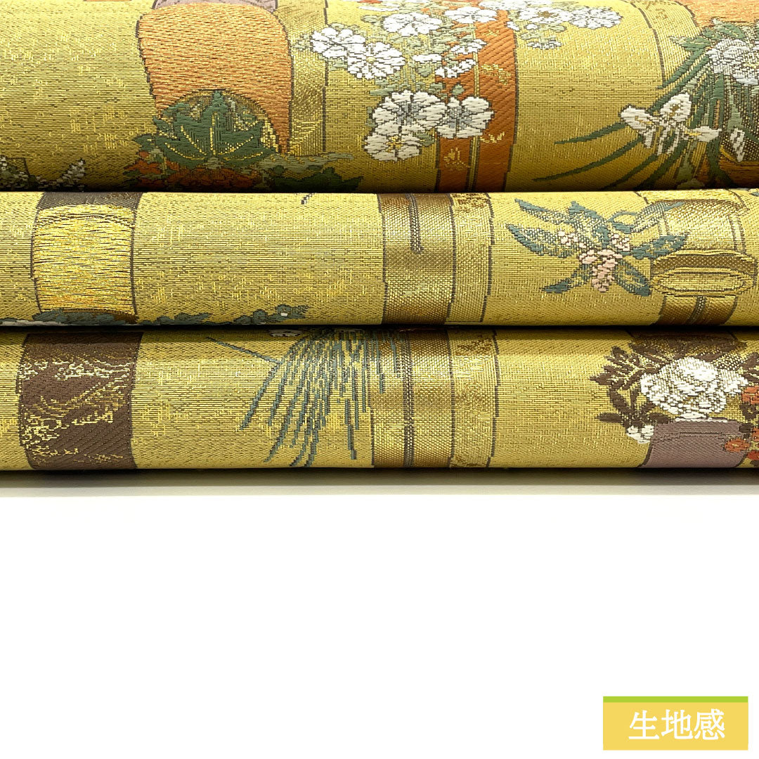 袋帯 正絹 Sランク 二図全通 リバーシブル 花百趣 正倉院文様 帯丈464cm 全通 フォーマル 金系 1123016422421