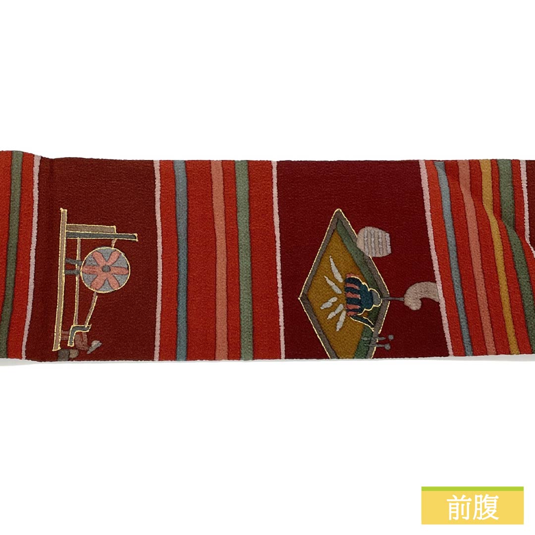 名古屋帯 正絹 Aランク 牛血紅色(ぎゅうけつこういろ) 型染 ふるさと 糸巻 帯丈362cm 全通 カジュアル 赤系 1124011563312 名古屋仕立て