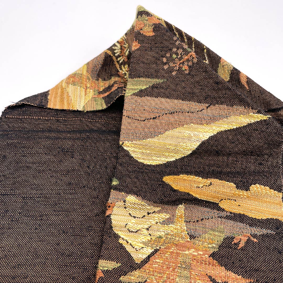 Nagoya obi, genuine silk, A rank, hiwada-iro (dark brown), tsumugi fabric, landscape pattern, obi length 352cm, rokkaku, casual, brown, 1124011293314, Nagoya tailoring