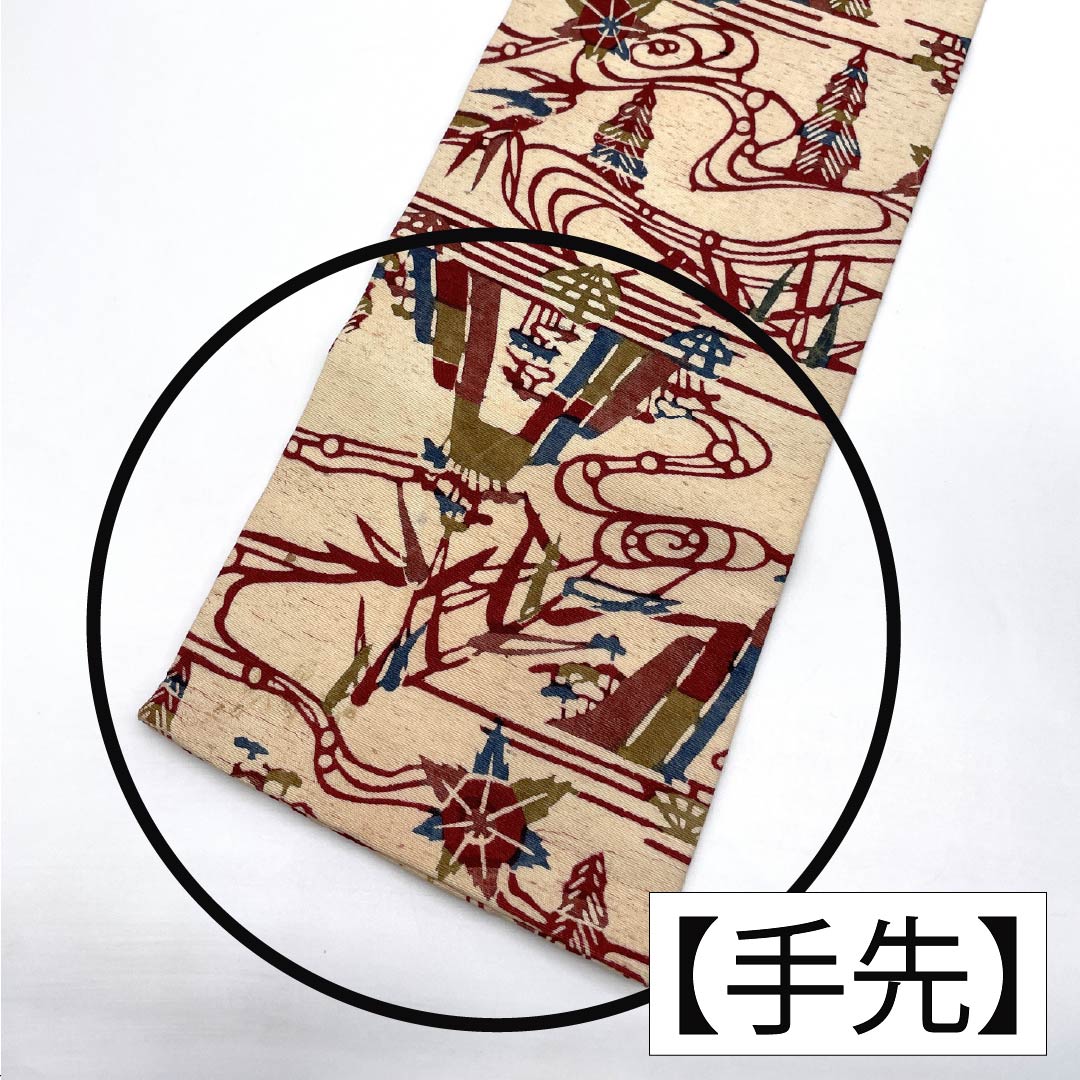 Nagoya obi, genuine silk, A rank, cream (neri-iro), plant-dyed, landscape painting, obi length 351cm, point pattern, casual, beige family, 1124011113325, Nagoya tailoring