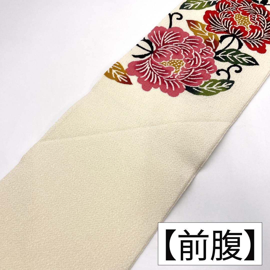 名古屋帯 正絹 Aランク 名古屋仕立て 乳白色(にゅうはくしょく) 京紅型 古典柄 ちりめん地 帯丈350cm ポイント柄 カジュアル 白系 1124012113311