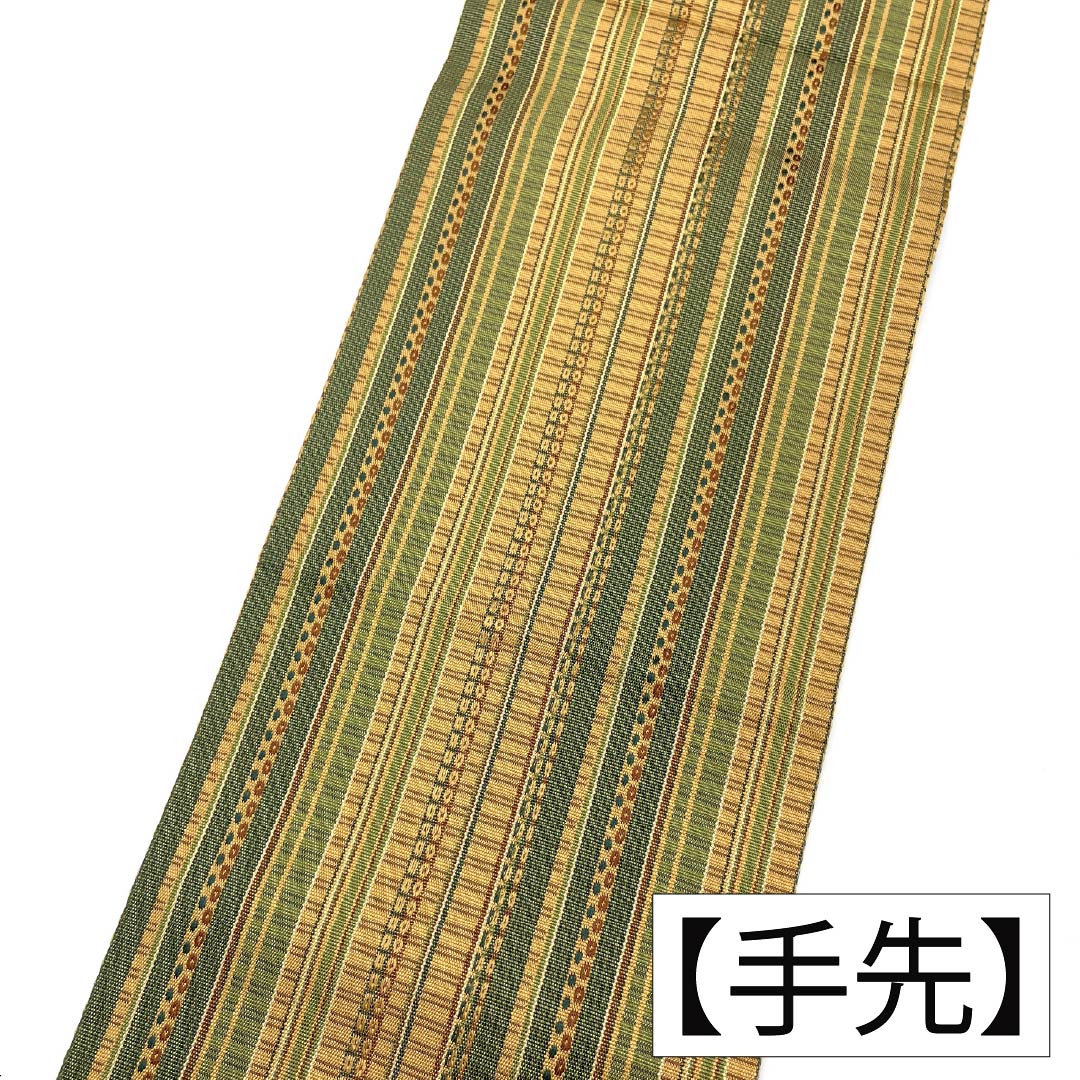 Nagoya obi, genuine silk, A rank, Nagoya tailoring, taupe/green, striped, geometric pattern, obi length 370cm, full pattern, casual, gradient, 1124011633399