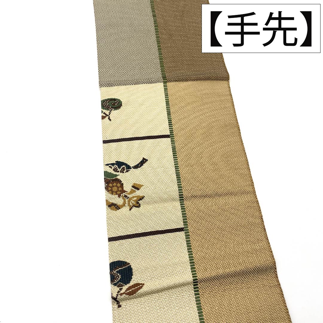 Nagoya obi, genuine silk, A rank, Nagoya tailoring, lattice, plants and botanical pattern, obi length 374cm, Rokutsu (pattern on six panels), casual, beige color, 1124011943325