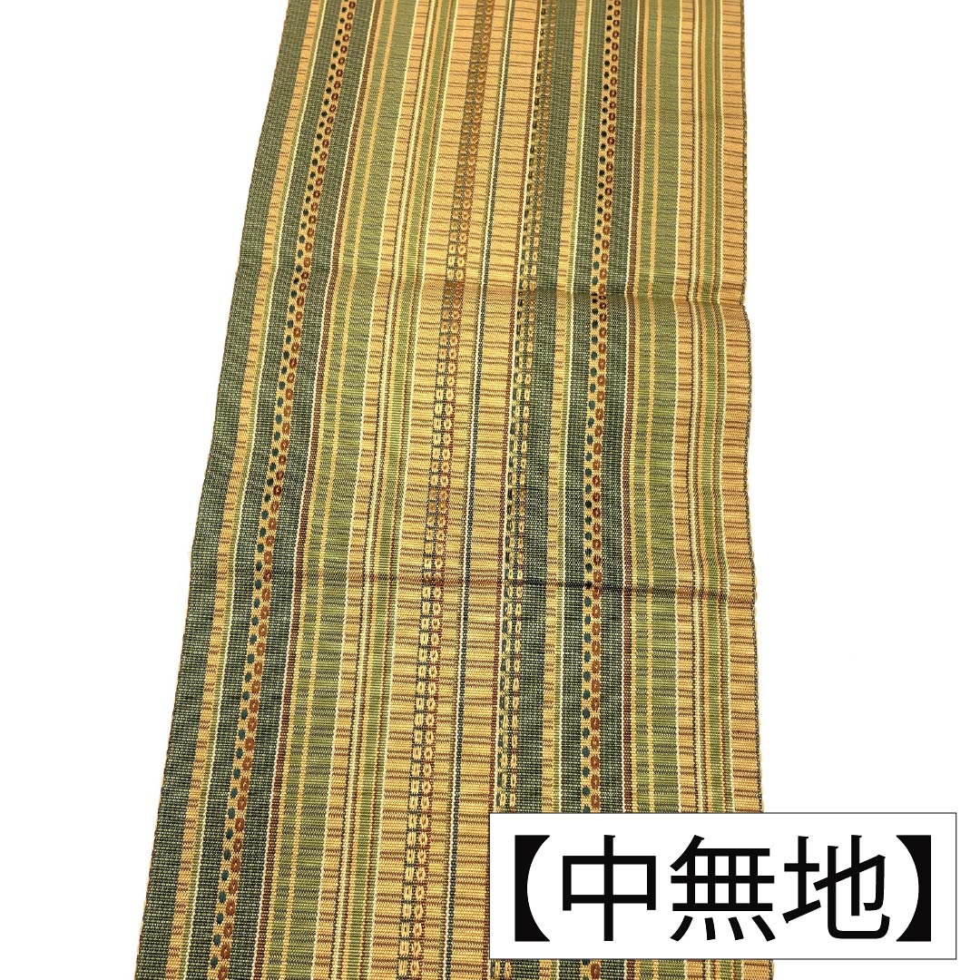 Nagoya obi, genuine silk, A rank, Nagoya tailoring, taupe/green, striped, geometric pattern, obi length 370cm, full pattern, casual, gradient, 1124011633399