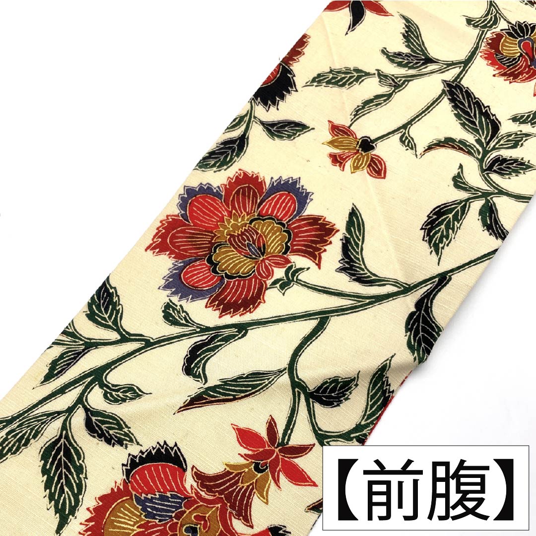名古屋帯 正絹 Aランク 名古屋仕立て 東京白茶色(とうきょうしらちゃいろ) 型染 更紗模様 唐花 帯丈365cm 全通 カジュアル クリーム系 1124012153315