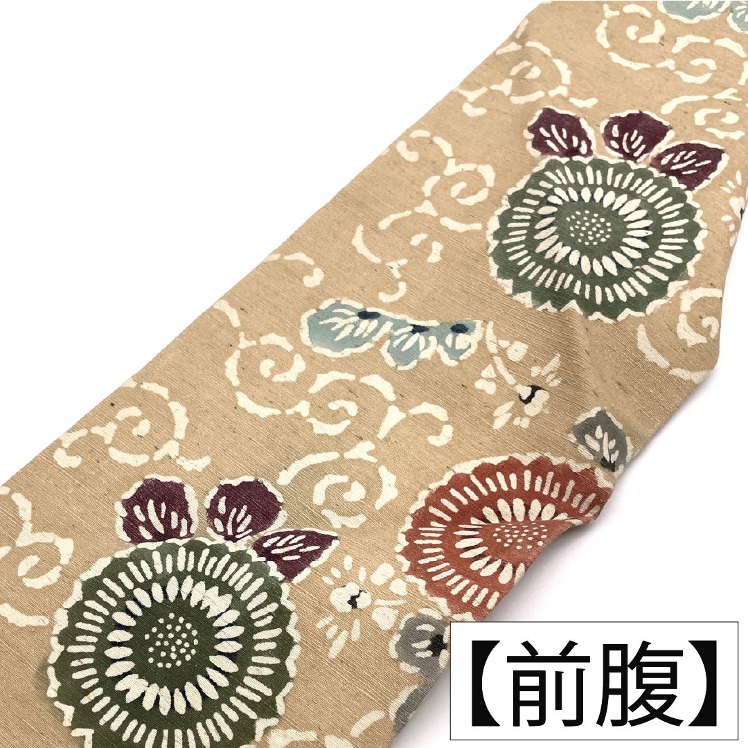名古屋帯 正絹 Aランク 名古屋仕立て 山吹鼠色(やまぶきねずいろ) 型染 更紗模様 花柄 帯丈357cm 六通 カジュアル ベージュ系 1124012163325