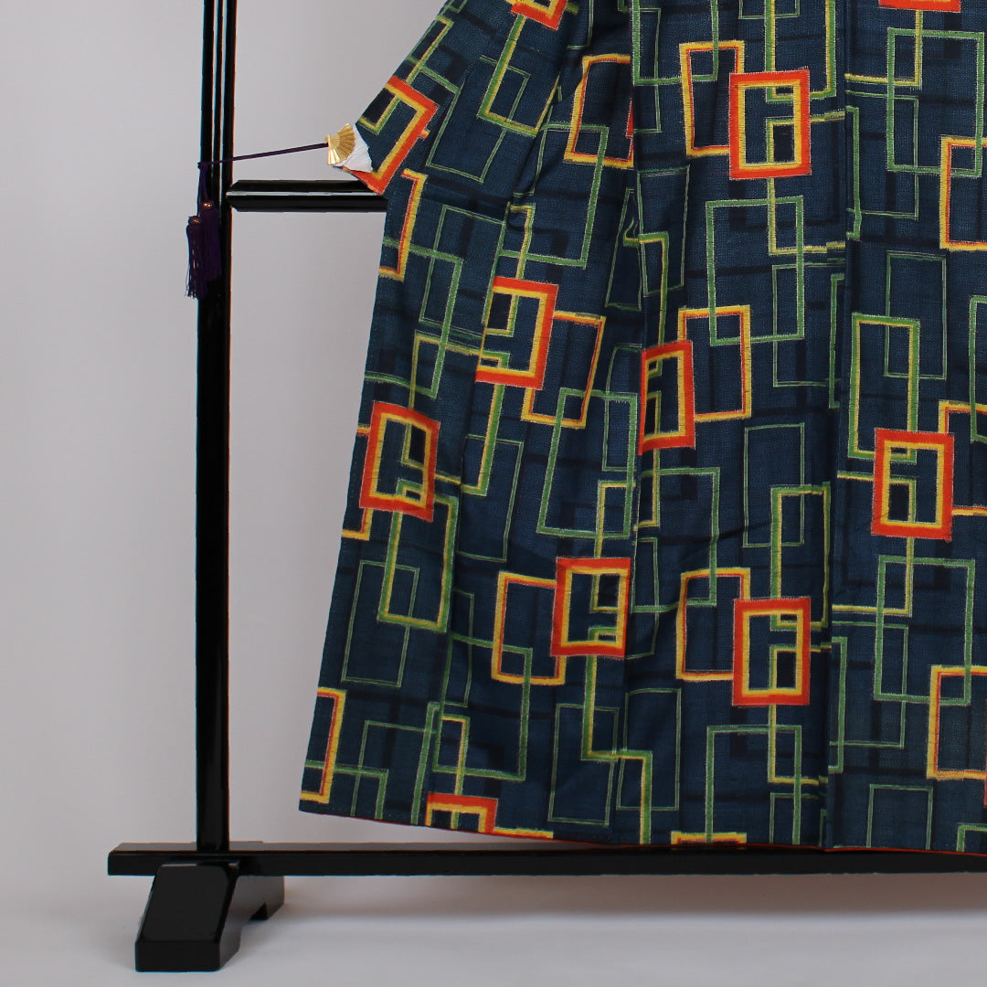 Tsumugi, Length 158cm, Sleeve length 62.5cm, Square joint, Pure silk, Excellent condition, Awase, Navy, 1116000082318