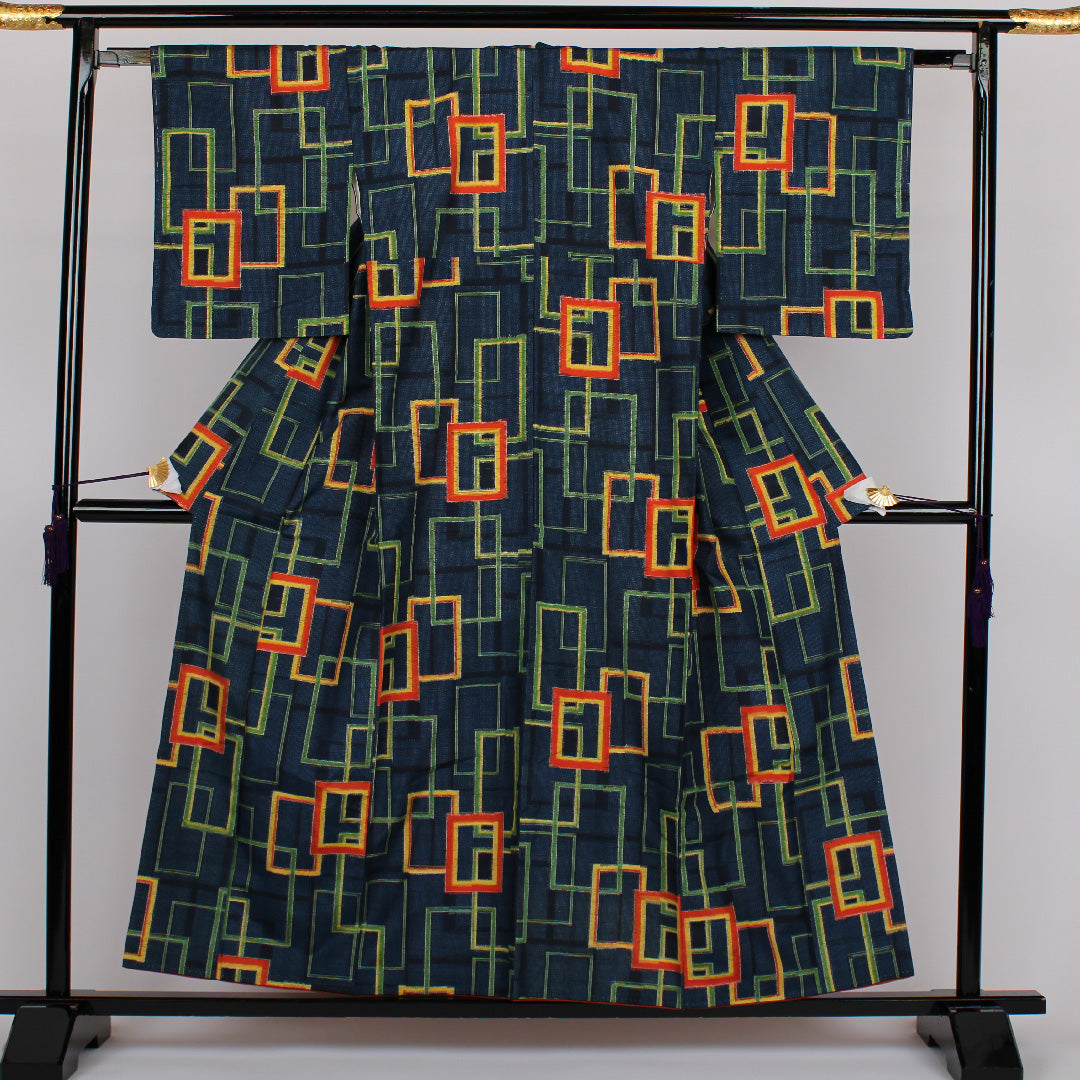Tsumugi, Length 158cm, Sleeve length 62.5cm, Square joint, Pure silk, Excellent condition, Awase, Navy, 1116000082318