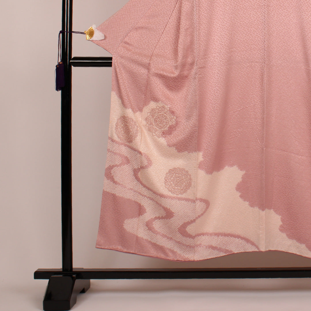 Homongi (formal kimono) Length 152cm Sleeve length 63cm Flowing water and mirror pattern Pure silk Shibori A-lined A-rank Purple 1112000223220