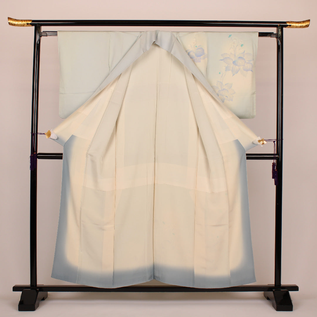 Homongi, Length 156cm, Sleeve length 61cm, Flowers, Pure silk, Lined, Blue, 1112000122317