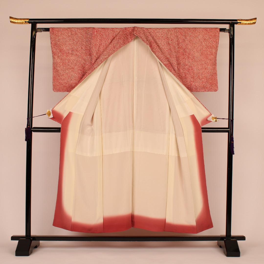 All-shibori komon, pique pattern, pure silk, A rank, lined, length 152cm, sleeve length 63cm, red, 1115000033212
