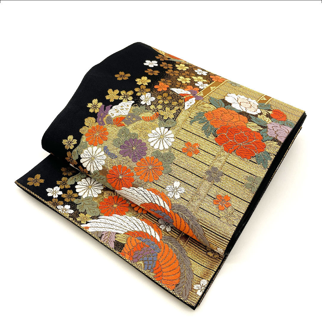 Fukuro Obi with Butterfly, Tachibana, Phoenix and Cherry Blossoms, Length 424cm, Pure Silk, S Rank, Six-way, Formal, Gold, 1123001942321