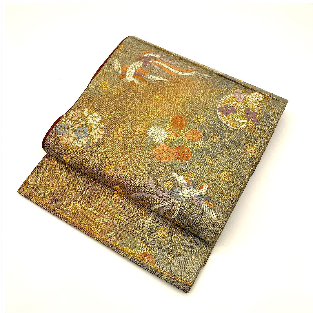 Fukuro Obi Long-tailed Bird Flower Obi Length 423cm Pure Silk S Rank Six-pass Formal Gold 1123002232321