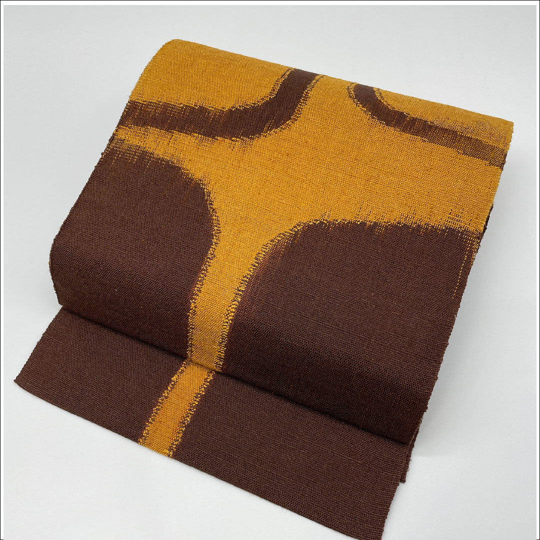 Nagoya Obi, Abstract Pattern, Tsumugi, Obi Length 365cm, Pure Silk, S Rank, Six-pass, Casual, Brown, 1124000232314, Matsuba Style
