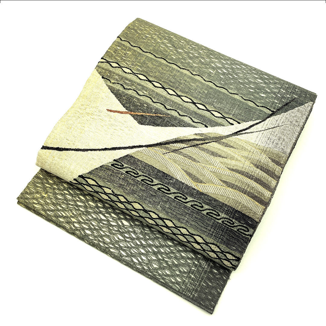 Fukuro Obi, scoop weave, wave, abstract pattern, obi length 454cm, pure silk, S rank, point pattern, casual, green, 1123001372419