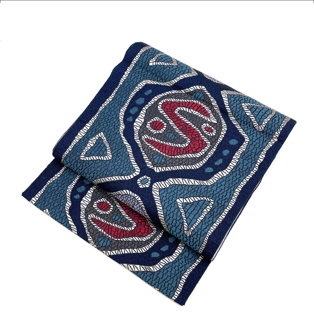 Nagoya obi, authentic Chikuzen Hakata, abstract pattern, obi length 360cm, pure silk, S rank, six-pass, casual, blue, 1124000532317, Matsuba style