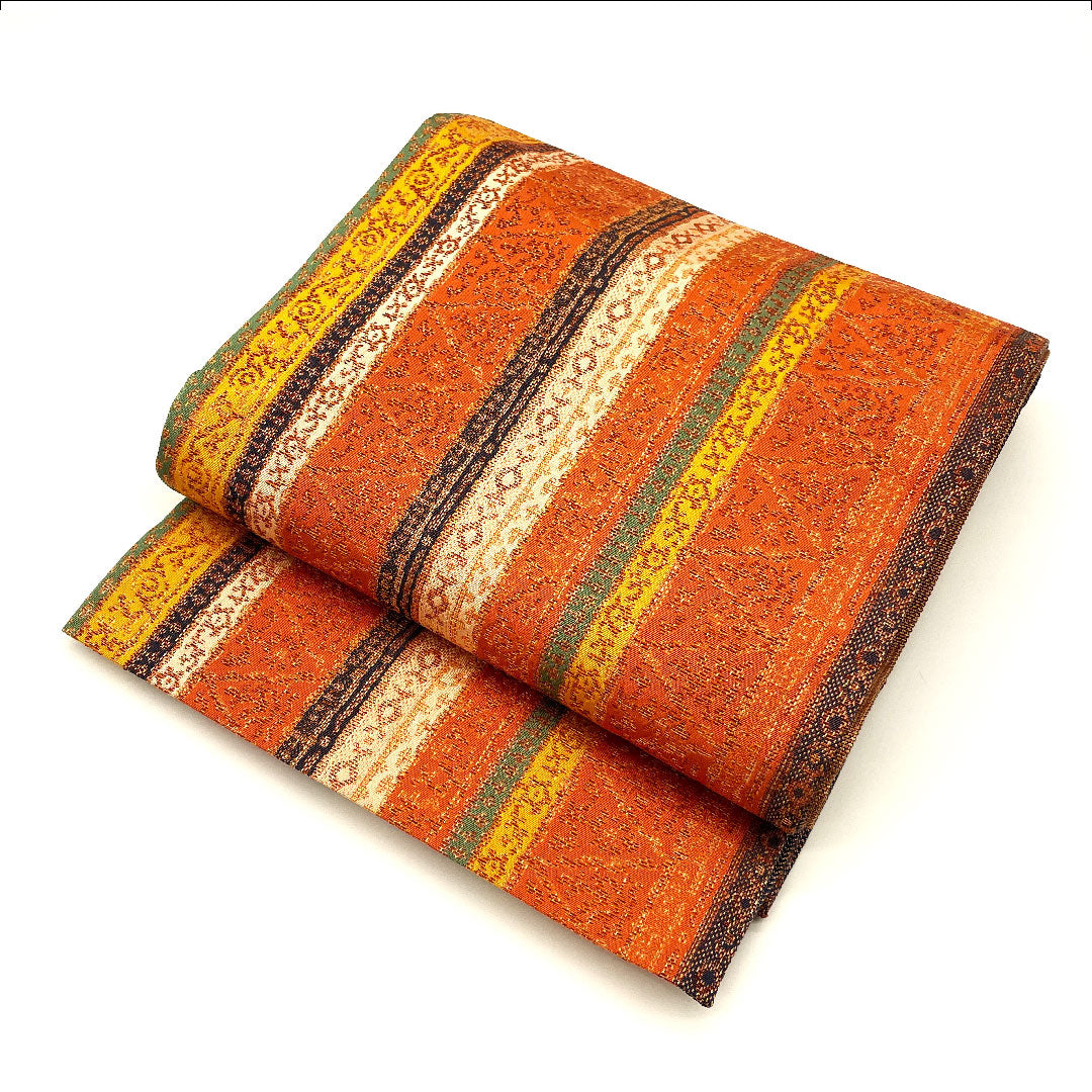 Fukuro Obi Striped Geometric Pattern Length 424cm Pure Silk S Rank Six-way Casual Vermilion 1123001702316