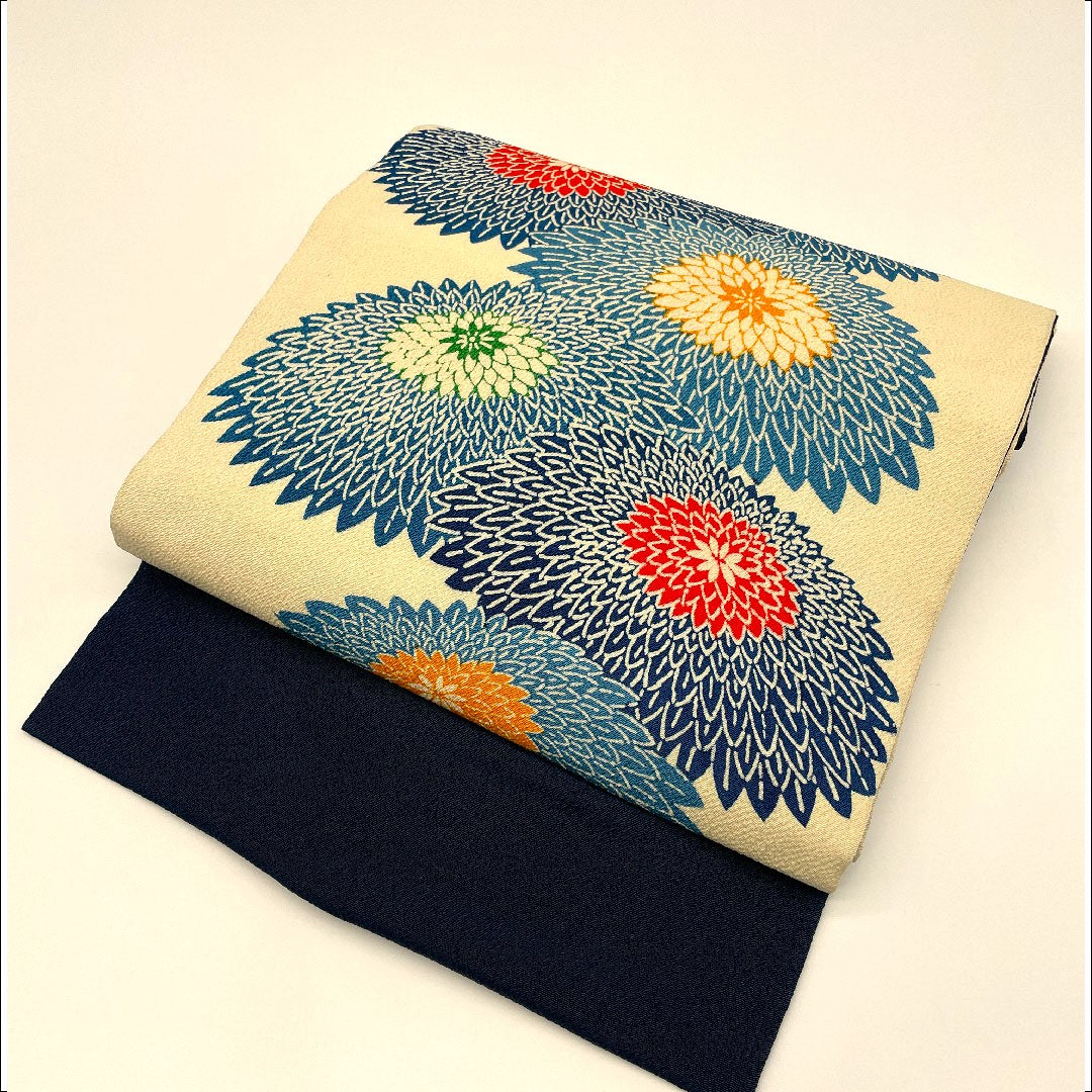 Nagoya Obi, Crepe Fabric, Chrysanthemum Pattern, Obi Length 361cm, Pure Silk, B Rank, Full Length, Casual, Cream, 1124000314315, Nagoya Made