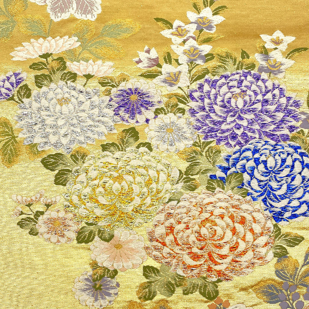 袋帯 源氏物語絵図 桐 菊 桔梗 帯丈432cm 正絹 Sランク 六通 フォーマル 金系 1123002012321