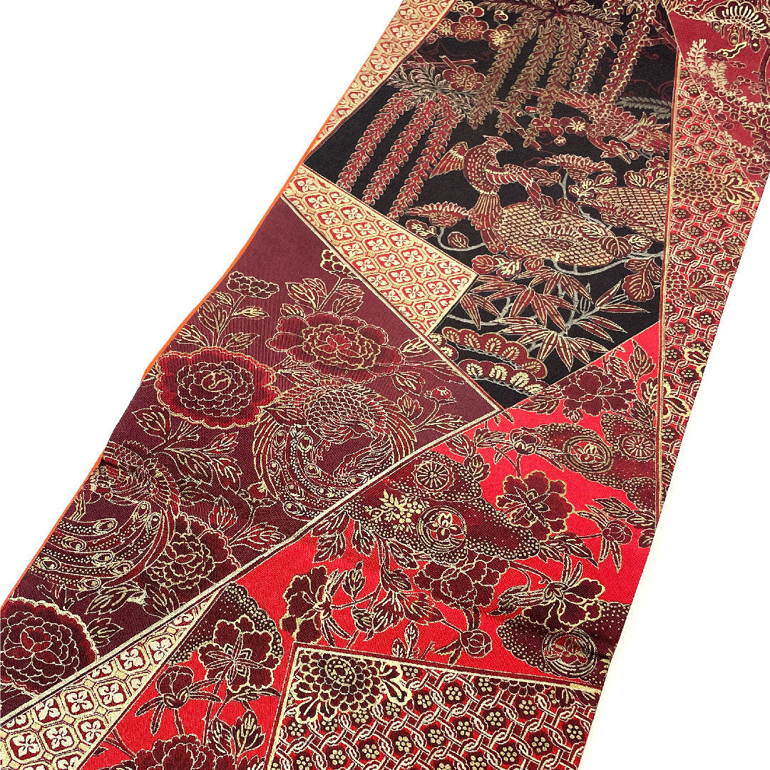 Authentic Oshima striped obi with pine, bamboo, plum and phoenix patterns, obi length 450cm, pure silk, S rank, full length, casual, red, 1123001982312
