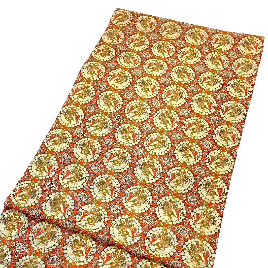 Nagoya obi, Tatsumura Art Textiles, Lion Hunting Pattern Nishiki, Length 359cm, Pure Silk, S Rank, Full Length, Casual, Brown, 1124001072314, Open-cut