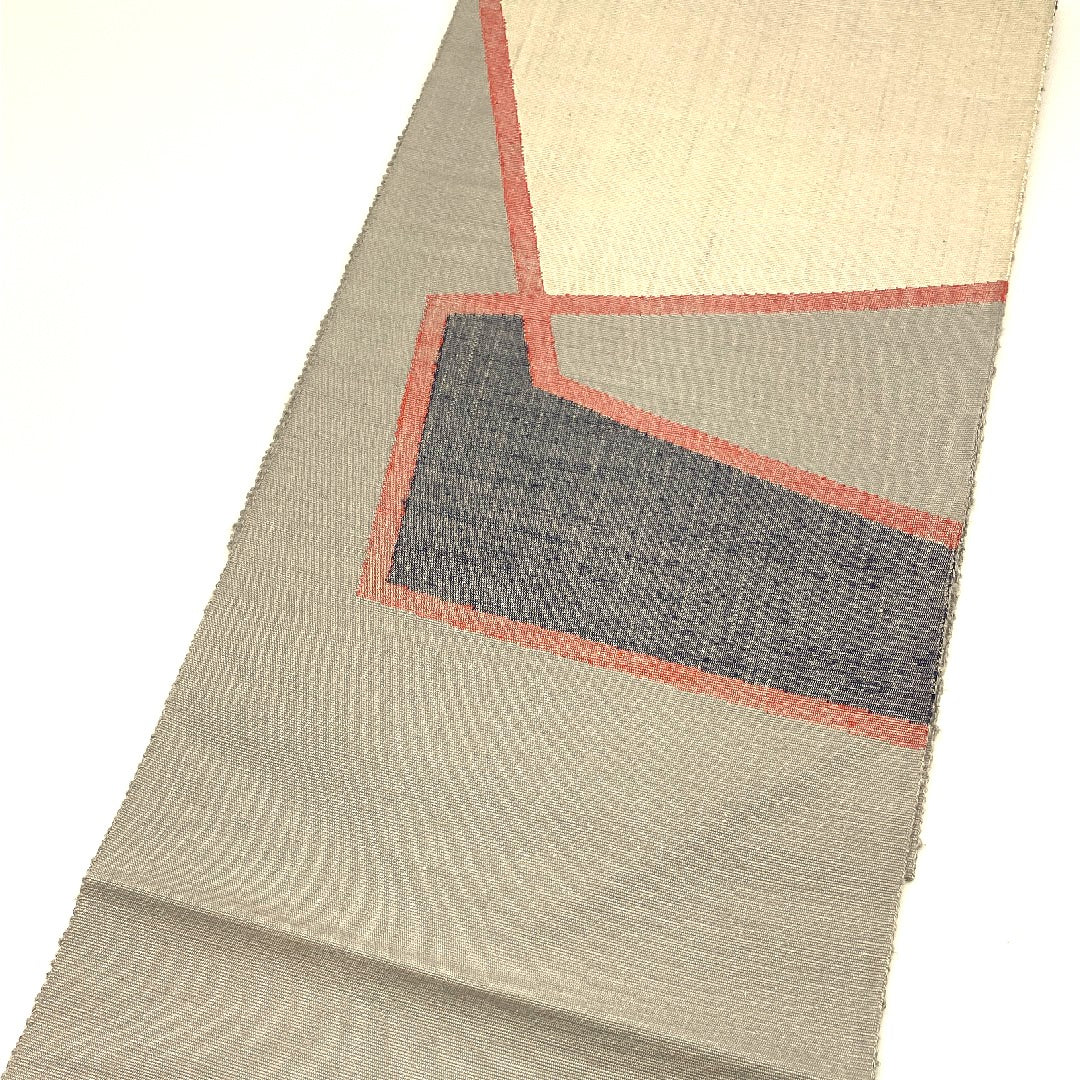 Nagoya obi, hand-woven tsumugi, abstract pattern, obi length 377cm, pure silk, S rank, point pattern, casual, gray, 1124000292322, pine needle style
