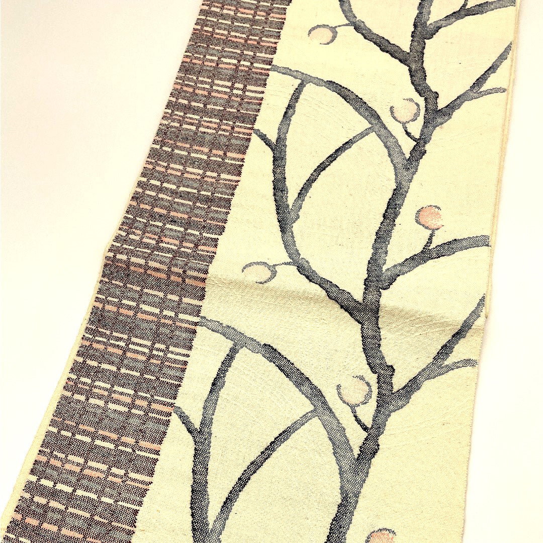 Nagoya obi, silk pongee, branch bud pattern, obi length 359cm, pure silk, S rank, six-pass, casual, cream color, 1124000272315, pine needle style