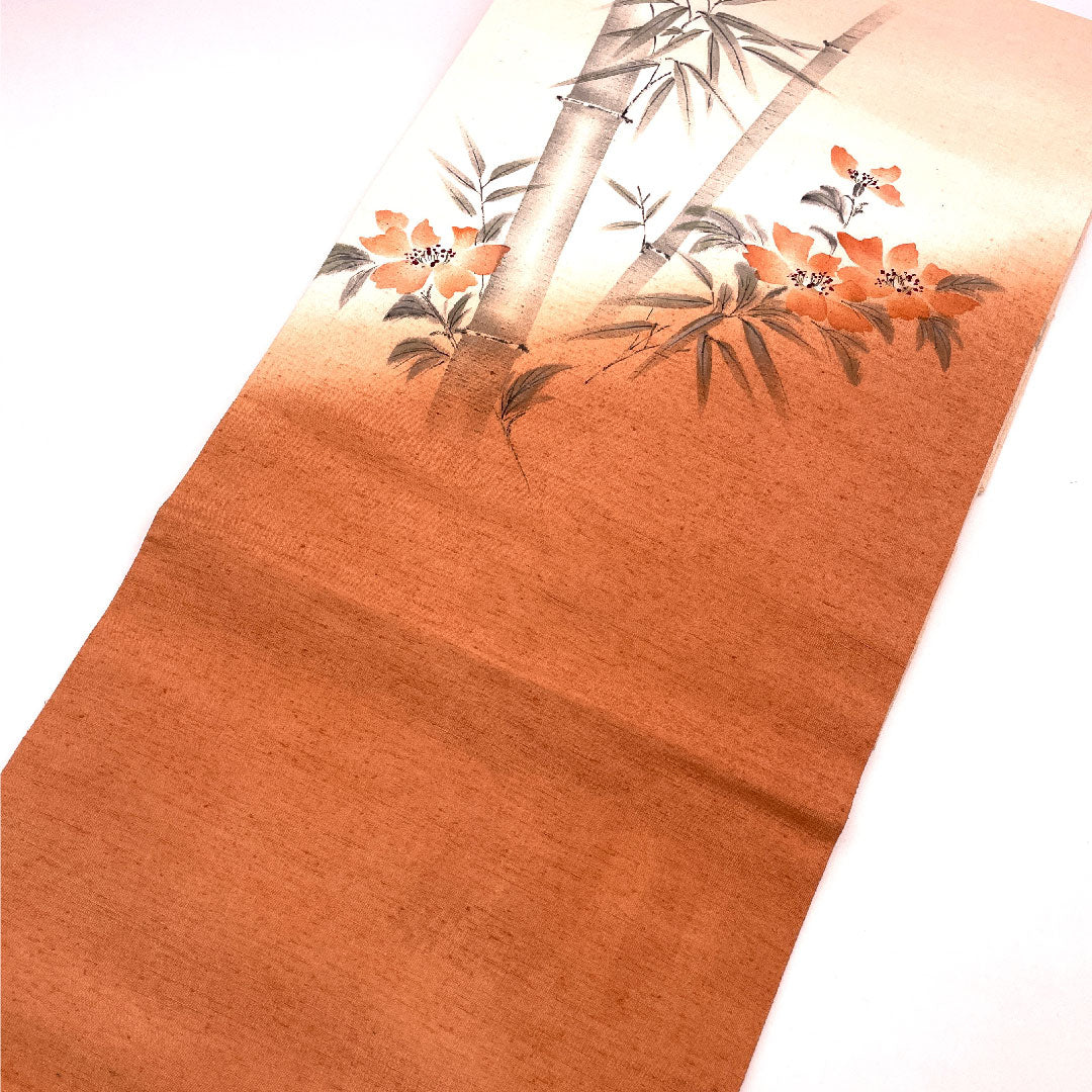 Nagoya obi with certificate, authentic Yuki Tsumugi, handwritten, floral, bamboo, obi length 376cm, pure silk, S rank, point pattern, casual, vermilion, 1124000412316, Nagoya tailoring