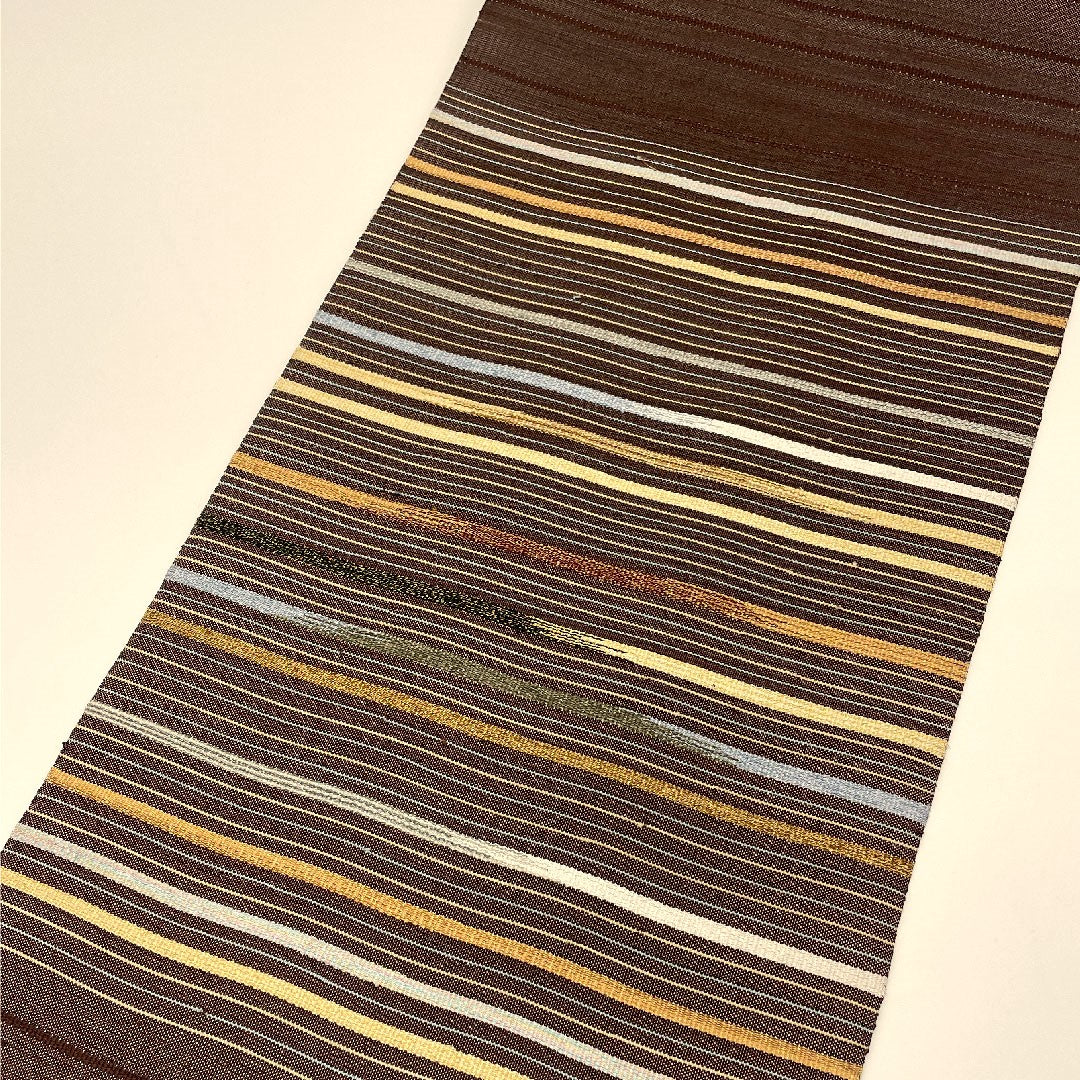 名古屋帯 横段模様 帯丈394cm 正絹 Aランク ポイント柄 カジュアル 茶系 1124000303314 松葉仕立て