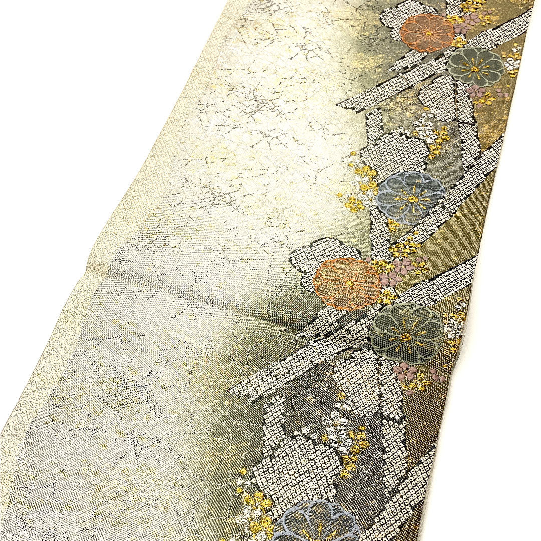 Fukuro Obi Flower Pattern Hikita Obi Length 437cm Pure Silk S Rank Six-way Formal Silver 1123001682322