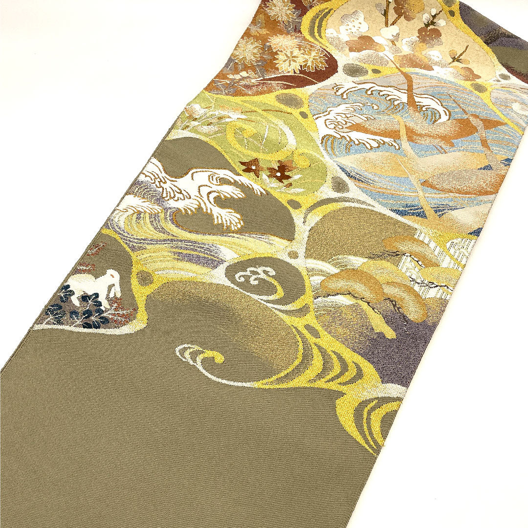 Nagoya obi, artist's work, authentic Tsuzuri, rough waves, plum blossoms, chrysanthemums, rabbits, obi length 388cm, pure silk, A rank, point pattern, formal, green, 1124000473319, pine needle style