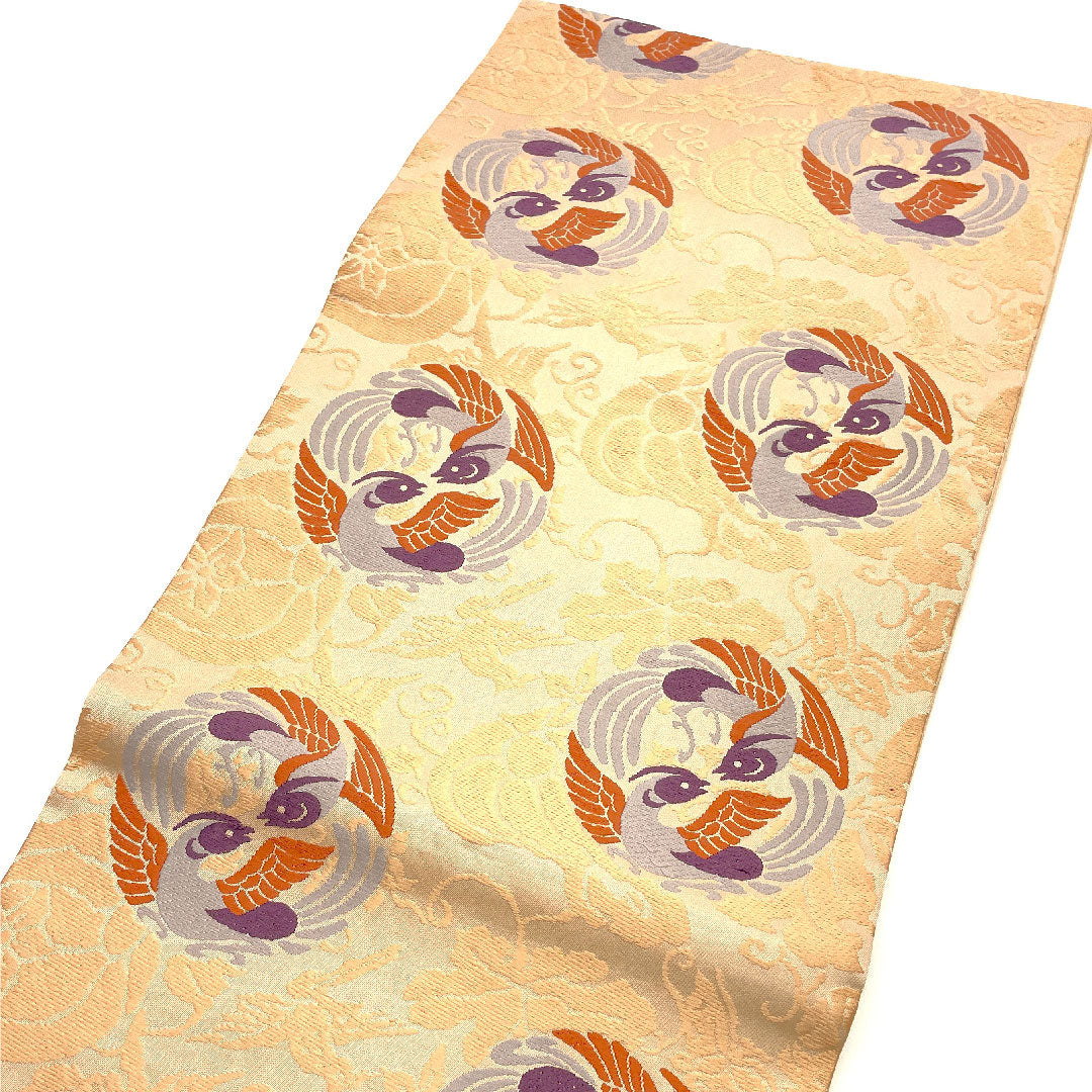 Nagoya obi, Living National Treasure Kitagawa Heiro, Honkaraori, Facing Birds, Length 367cm, Pure Silk, A Rank, Six-way, Casual, Pink, 1124001083313, Open-cut
