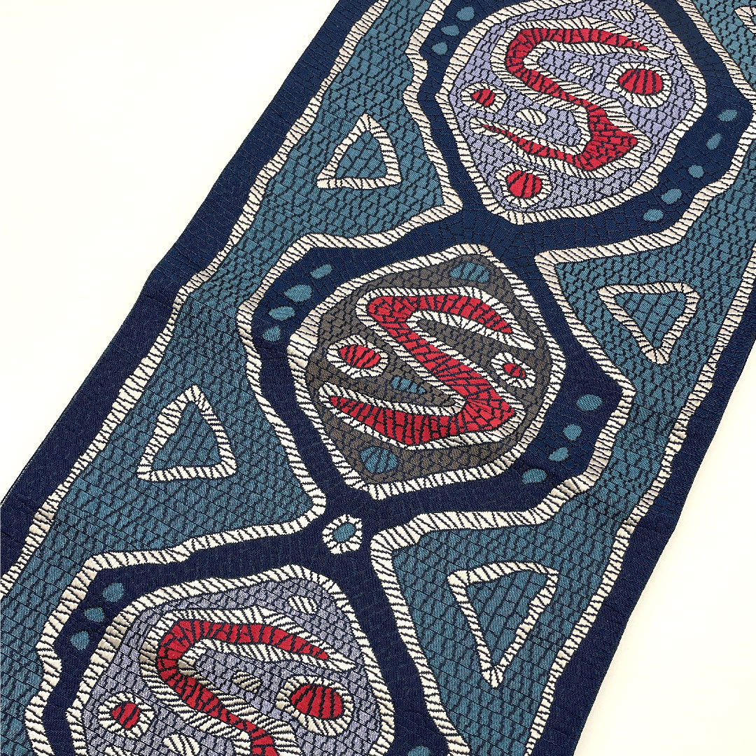 Nagoya obi, authentic Chikuzen Hakata, abstract pattern, obi length 360cm, pure silk, S rank, six-pass, casual, blue, 1124000532317, Matsuba style