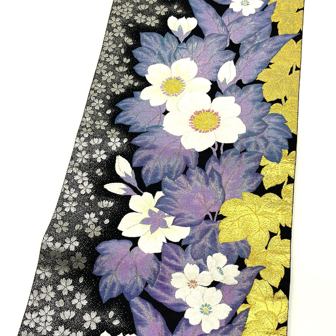 Fukuro Obi (Japanese traditional sash), made of Juraku, with glittering gold leaf, flowers and cherry blossoms, obi length 440cm, pure silk, S rank, six-pass, semi-formal, black, 1123003242310