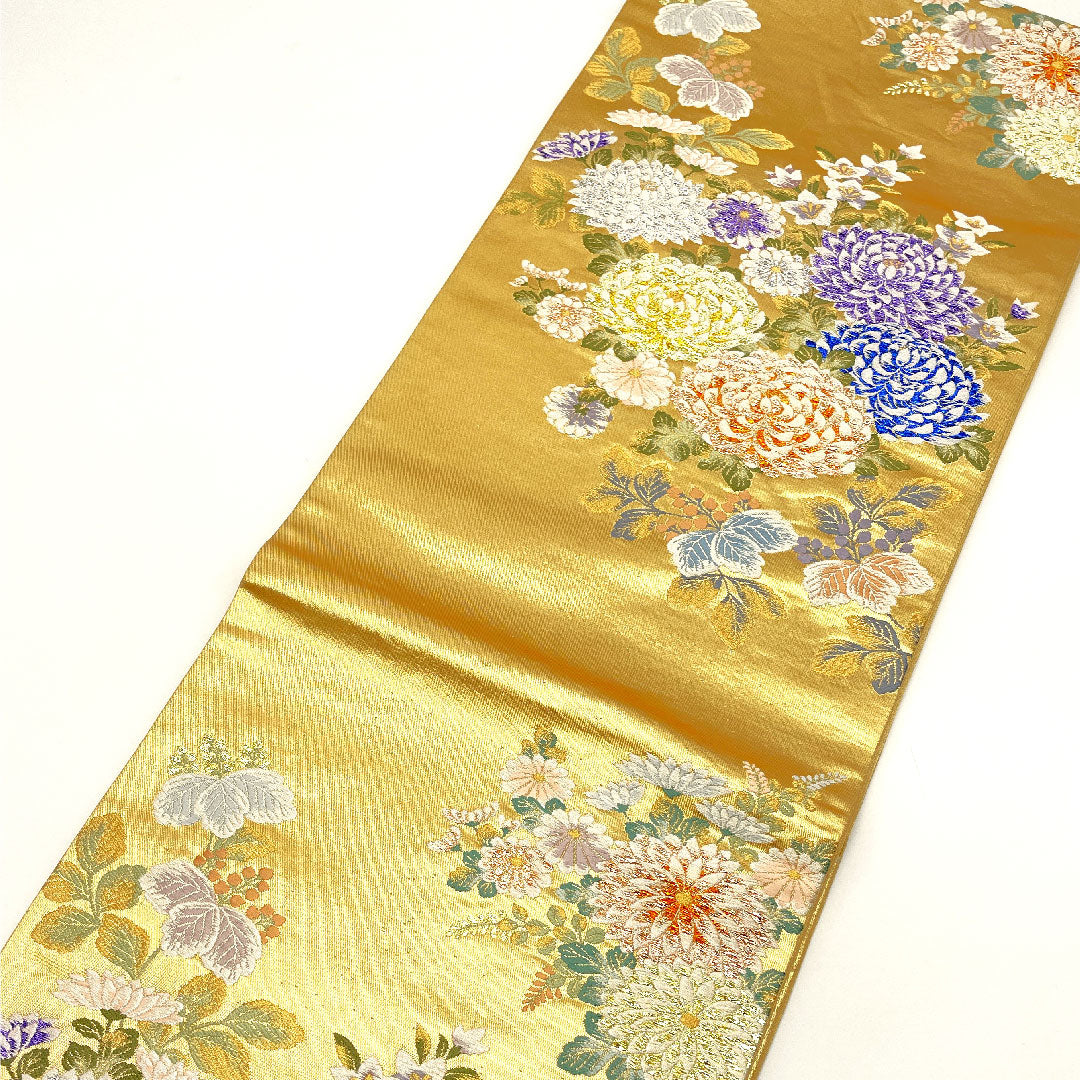 袋帯 源氏物語絵図 桐 菊 桔梗 帯丈432cm 正絹 Sランク 六通 フォーマル 金系 1123002012321
