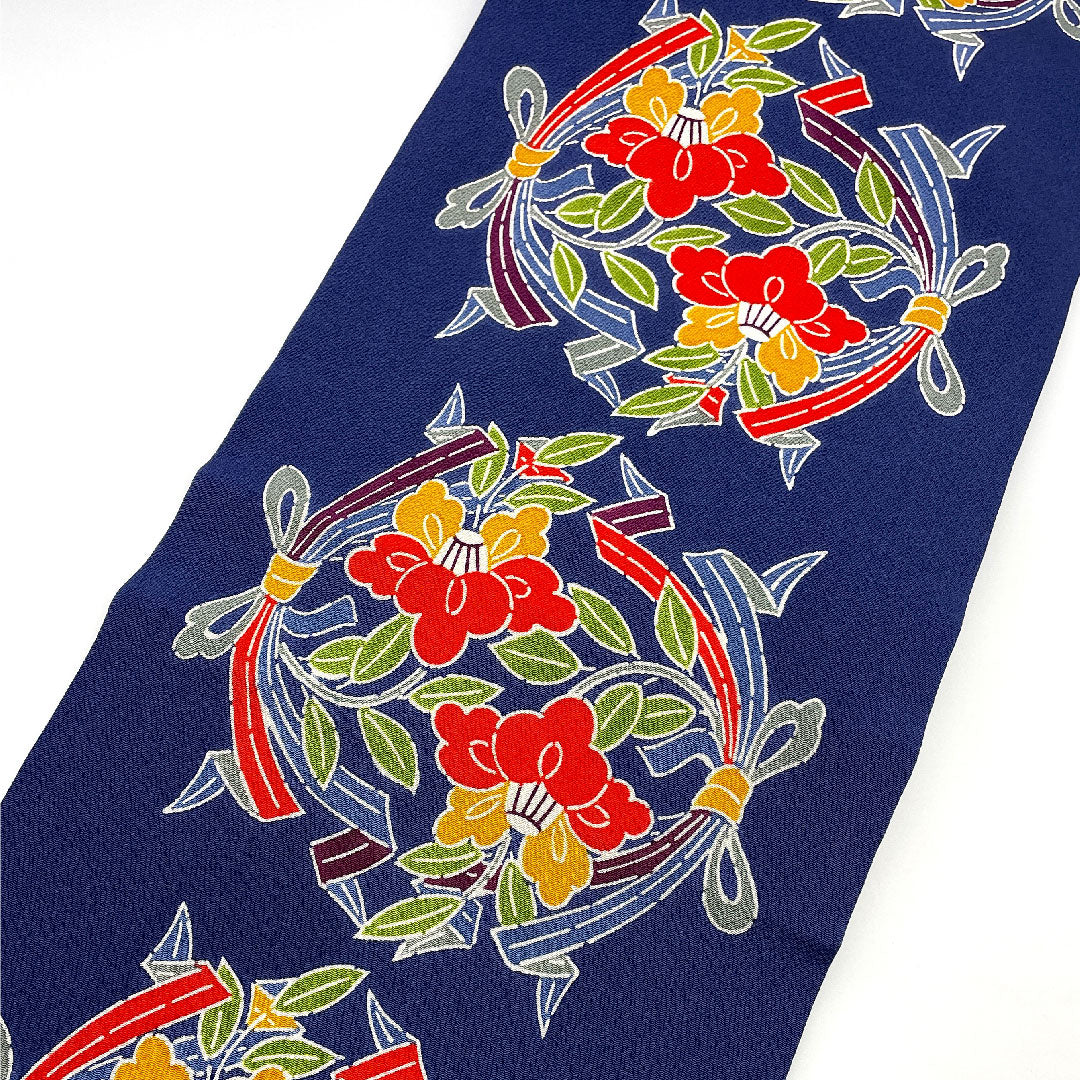 Nagoya Obi by Kuriyama Yoshisaburo, Bundled Noshi, Camellia, Crepe, Obi Length 369cm, Pure Silk, S Rank, Full Length, Casual, Navy Blue, 1124000372318, Nagoya Made