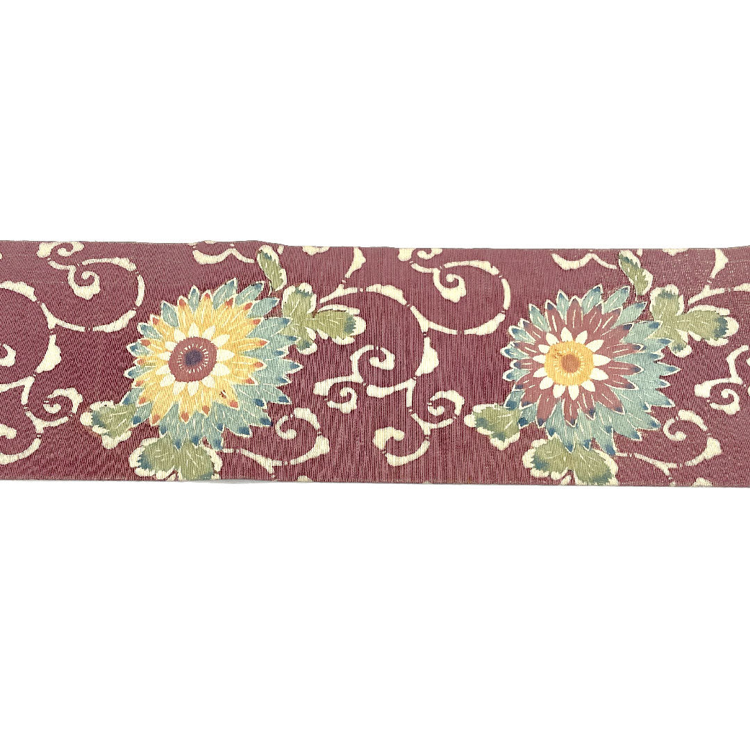 Nagoya obi with arabesque pattern and floral pattern, obi length 359.5cm, pure silk, S rank, six-pass, casual, purple, 1124000802320, Nagoya style