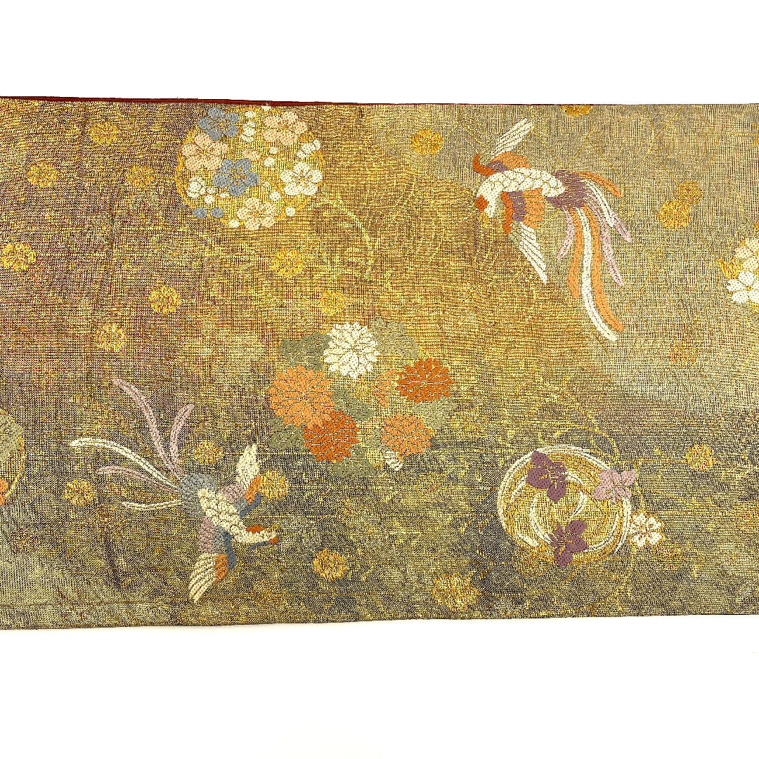 Fukuro Obi Long-tailed Bird Flower Obi Length 423cm Pure Silk S Rank Six-pass Formal Gold 1123002232321