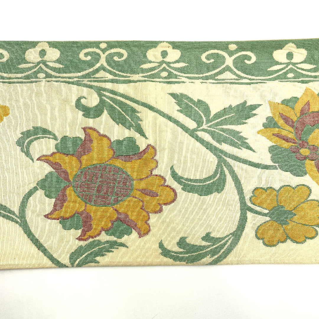 【未仕立】袋帯 正絹 Sランク 単衣 唐花模様 帯丈412cm 六通 カジュアル クリーム系 1123003272315