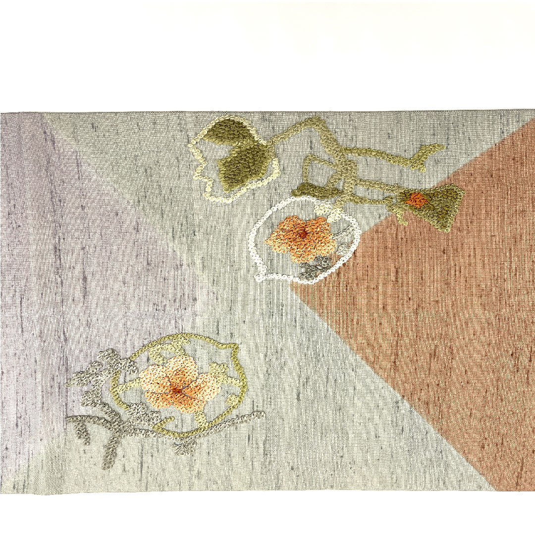 Nagoya Obi, Intangible Cultural Property, Ushiku Tsumugi, Sagara Embroidery, Floral Pattern, Obi Length 377cm, Pure Silk, A Rank, Point Pattern, Casual, Gray, 1124000574322, Open Style