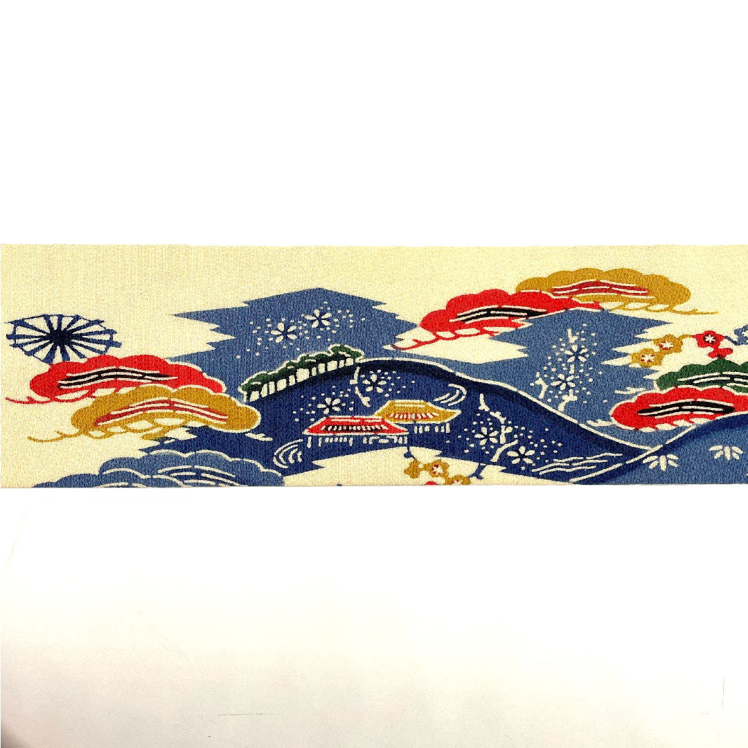 名古屋帯 縮緬地 型染 松竹梅に守礼門模様 帯丈362cm 正絹 Bランク ポイント柄 カジュアル クリーム系 1124000194315 名古屋仕立て