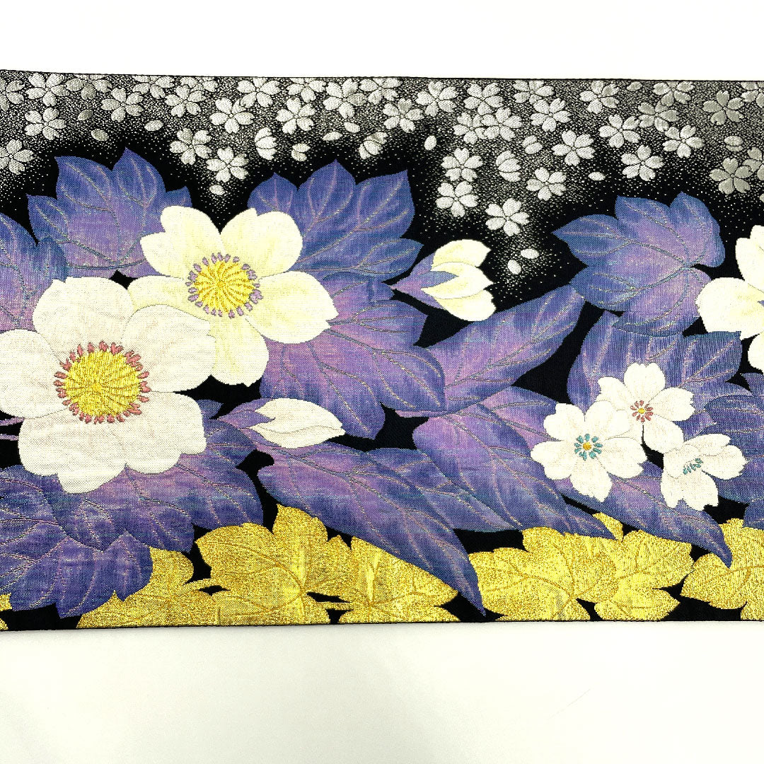 Fukuro Obi (Japanese traditional sash), made of Juraku, with glittering gold leaf, flowers and cherry blossoms, obi length 440cm, pure silk, S rank, six-pass, semi-formal, black, 1123003242310
